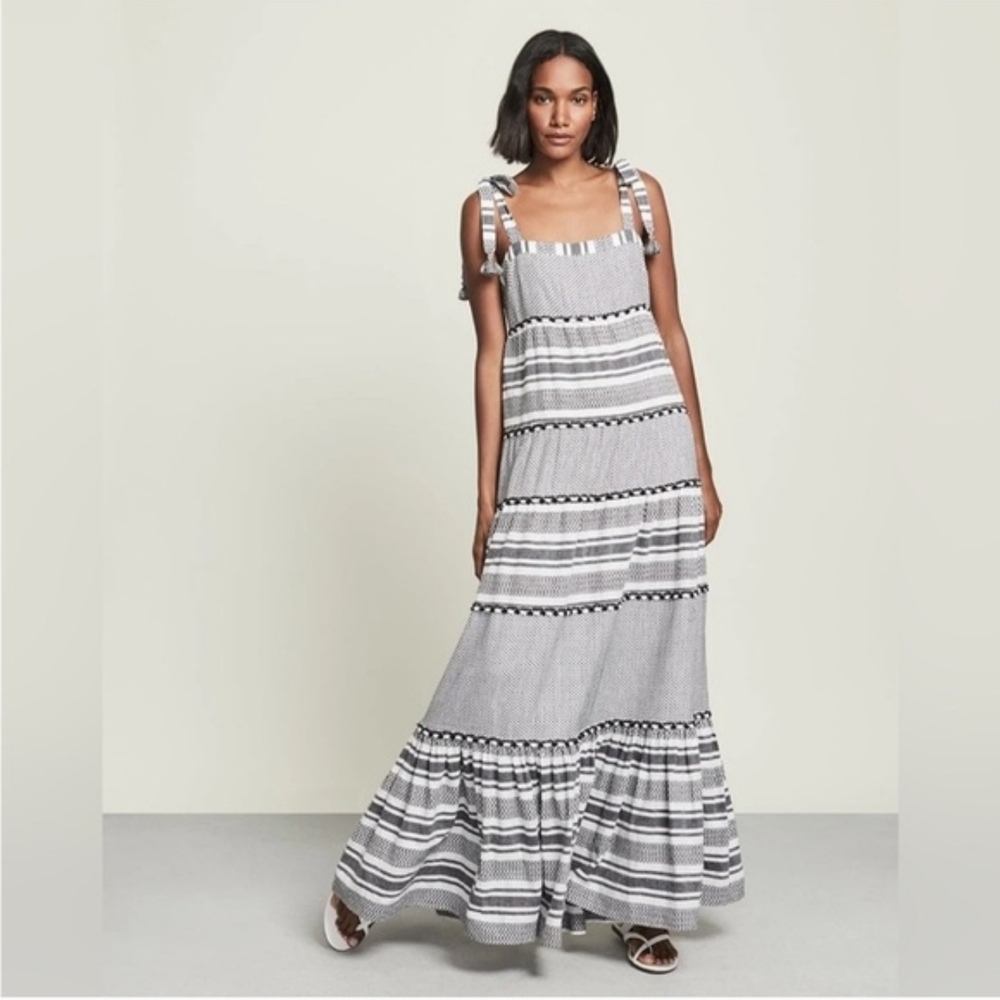 Veronica Beard Black and White Boho Tiered 100% Cotton Maxi Dress